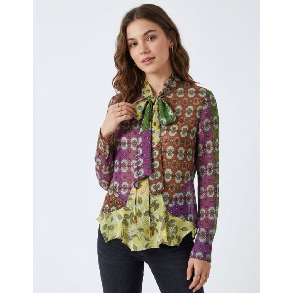 New Zara Boho Whimsy Goth Scarf Y2K Semi Sheer Jeweled Blouse Women's Size Small